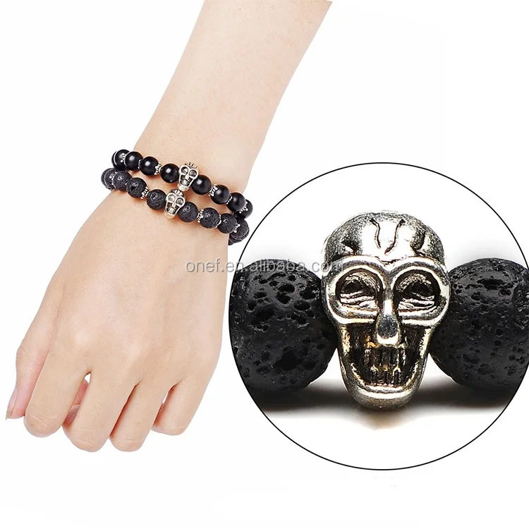 Free Shipping Cheap Fashion Men Natural Gemstone Agate Stone Jewelry Lava Bracelet with Skull Charm.jpg