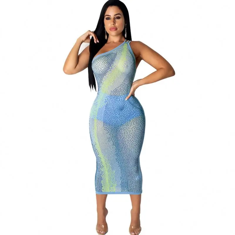 MC2718 - ladies stylish mesh one shoulder rhinestone bandage dresses