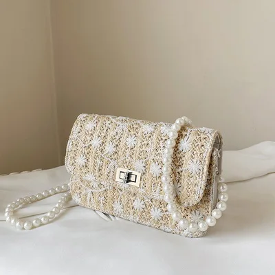 

Elegant Style Women Woven Bag White Pearl Bag Chain Best Designer Messenger Bag For Ladies, White, khaki