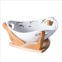 

Marble Gold White Ceramic Fruit Salad Bowl Hotel Vegetable Bowl Bamboo Stand Kitchen Desktop Art Design Storage Tray