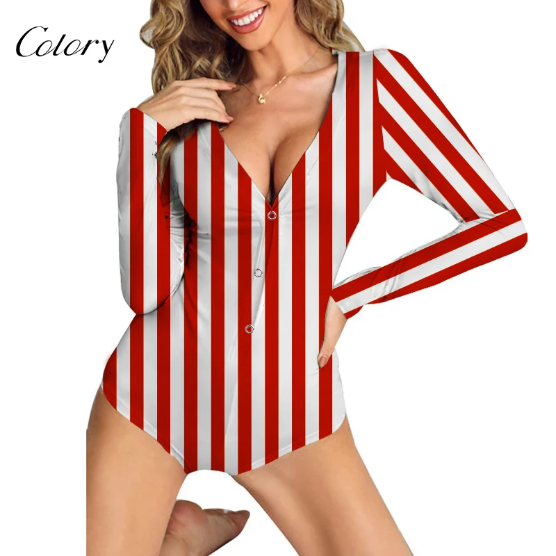 

Colory Striped Plus Size Onesie For Women Long Sleeve Deep V Onesie, Picture shows