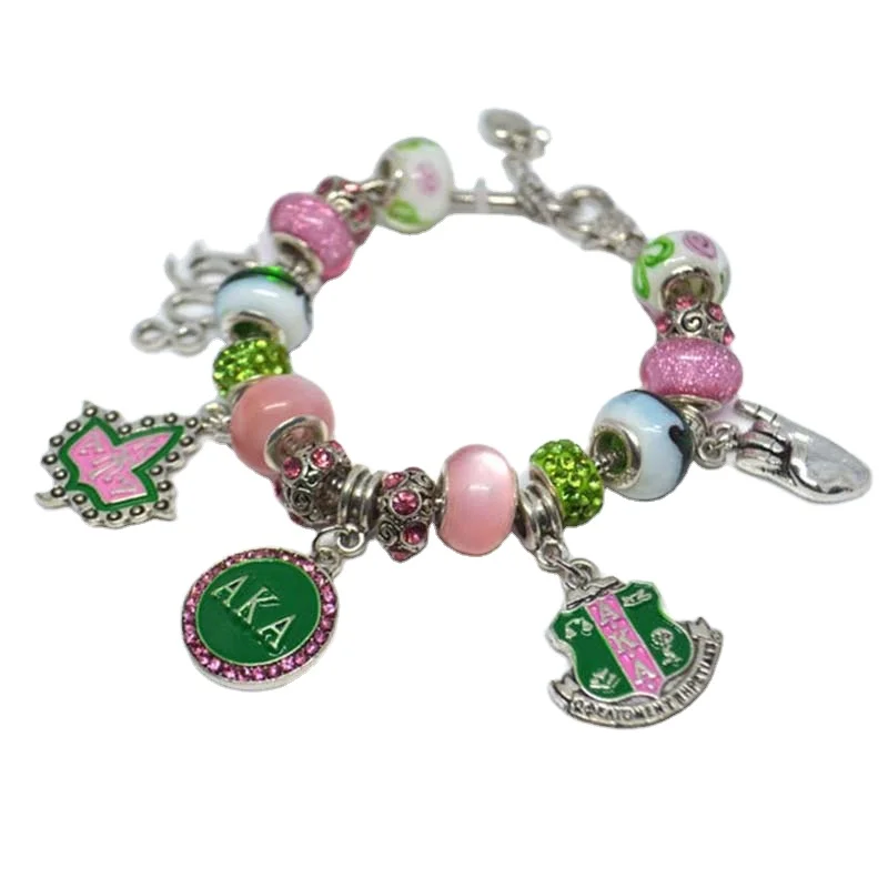 

Sorority Charm Bracelet Pink and Green Glass Beads Bracelet Gift for Soror Women Spira Wrap Bracelet Jewelry
