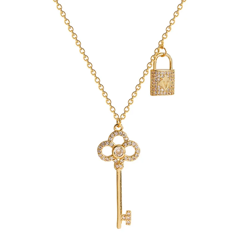 

Gold Plated Key And Small Lock Pendant Necklace, CZ Pendant Necklace, Gift For Her