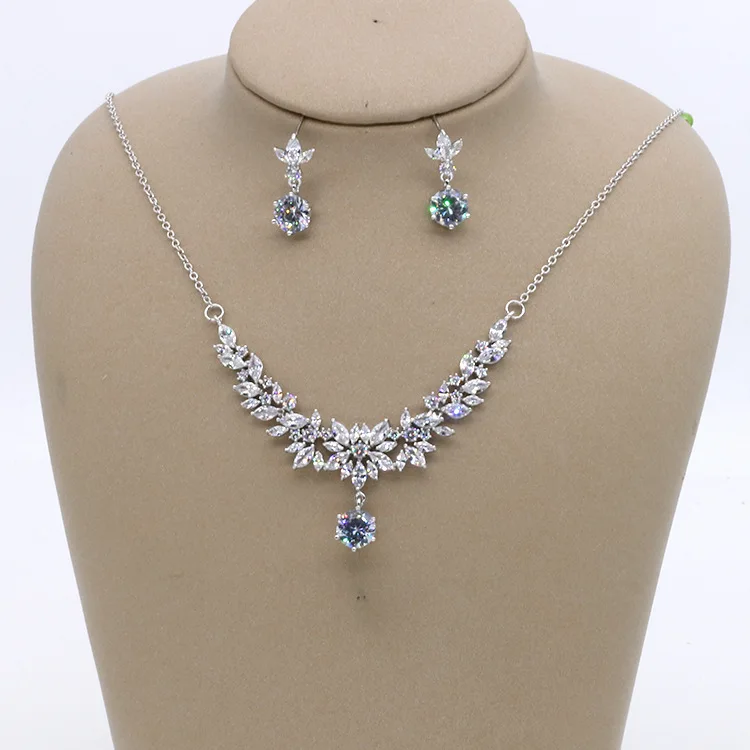 

Wholesale fashion luxury white gold plated silver CZ Cubic Zircon Pendant Necklace Earring Bridal Jewelry Sets