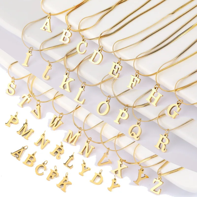 

Hot Selling Jewelry Letter Charm Necklace Simple Titanium Steel Clavicle Chain 18K Gold Plated Flat Snake Chain Initial Necklace