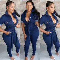 

M9650 women clothing stretch rompers lady's full length denim jumpsuit washed jeans for woman 2019 whole sale