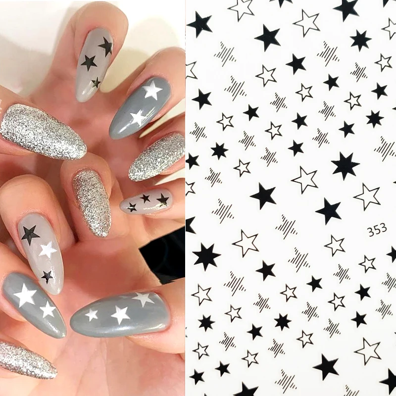 

Star Series 3D Nail Stickers Hollow Geometry Adhesive Slider Ornaments DIY Transfer Black White Star Sticker Nail