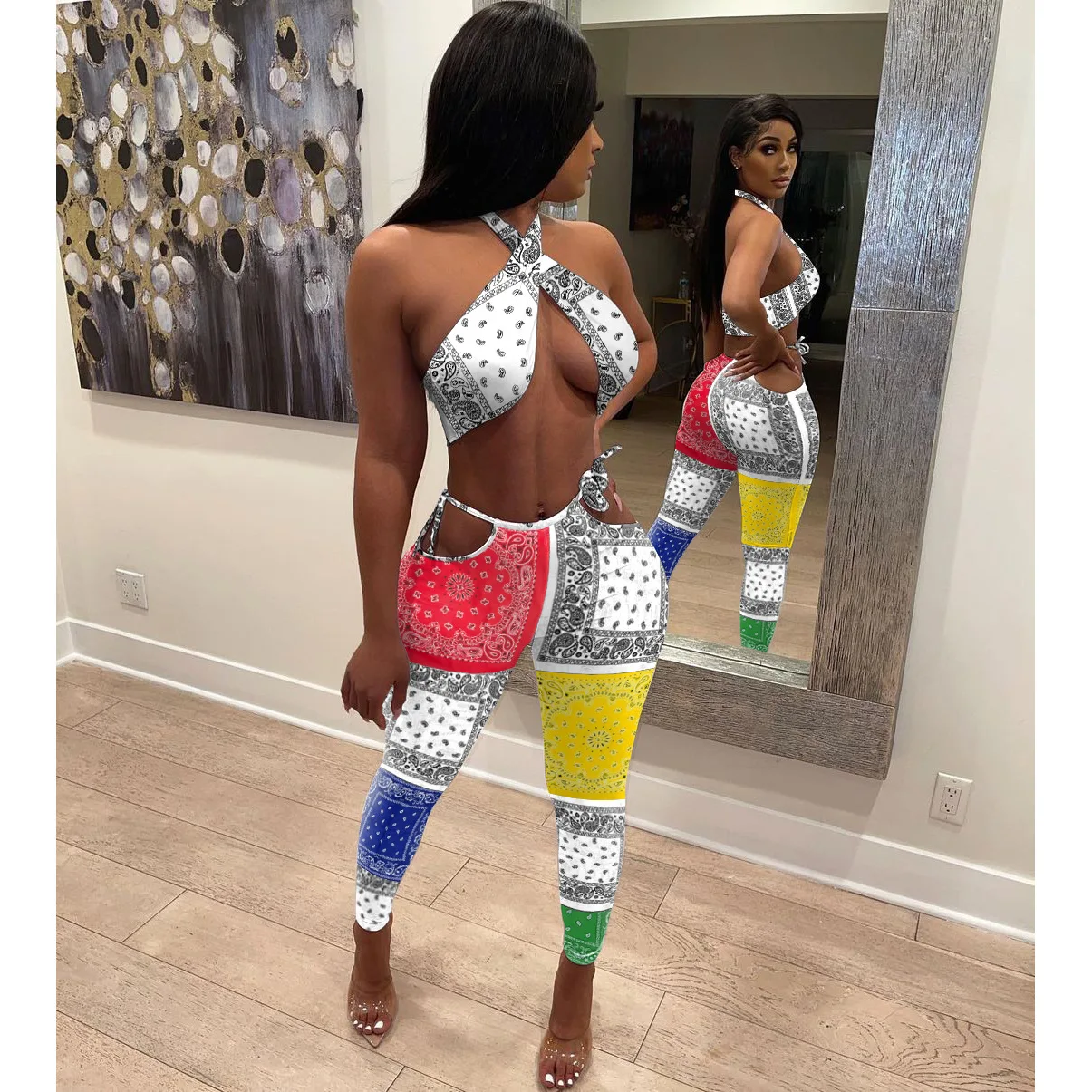 

New arrival printed cashew flower sexy contrast nightclub short sleeve women 2 piece set