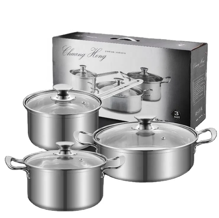 

High Quality Tri Ply Induction Bottom Glass Cover Kitchen Pot Stainless Steel Cooking Pot non-stick 6pcs Cookware Sets