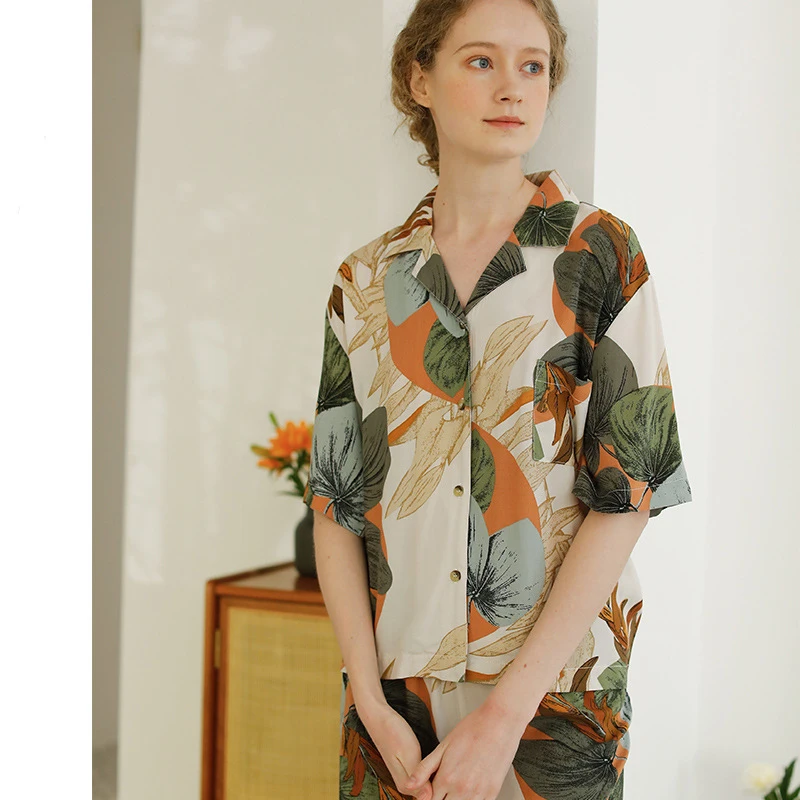 

New Ladies Pajamas Set Floral Printed Full Cotton Fresh Style Sleepwear Set Women Turn-down Collar Female Casual Homewear, As show