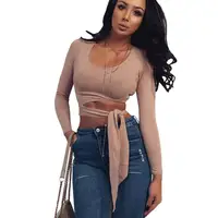 

fashion cotton t shirt women tops tee short bandage long sleeve shirt autumn crop top clothes Y12602