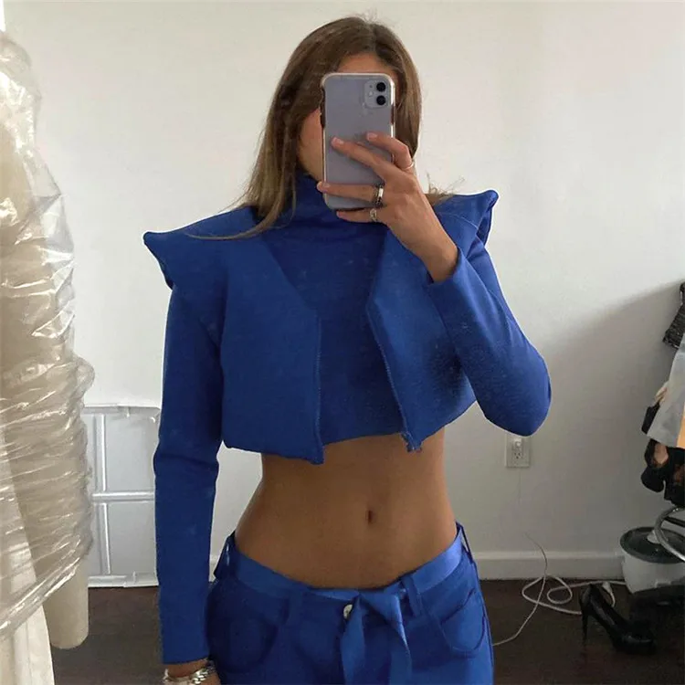 

LvCong Wholesale hot sale crop top blue women zipper v-neck winter casual sleeveless jacket