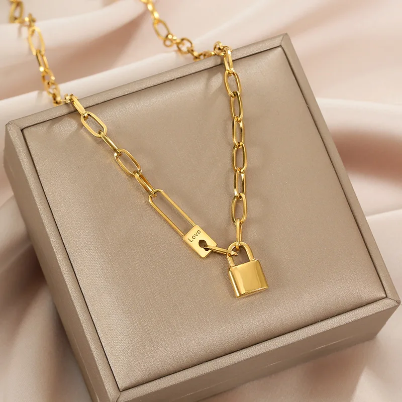 

European New Arrival Double 2 Lock LOVE Gold Plated Necklace Fashion Letter Stainless Steel Necklace Jewelry For Women