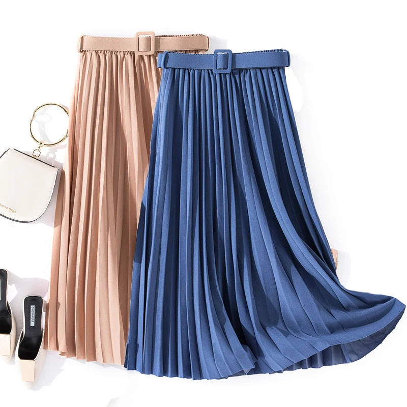 

Autumn Summer women vintage elegant midi skirt with belt 2020 Women high waist pleated womens lady Casual skirts female