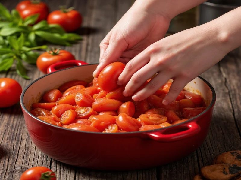 Hand crushing tomatoes into simmering pot