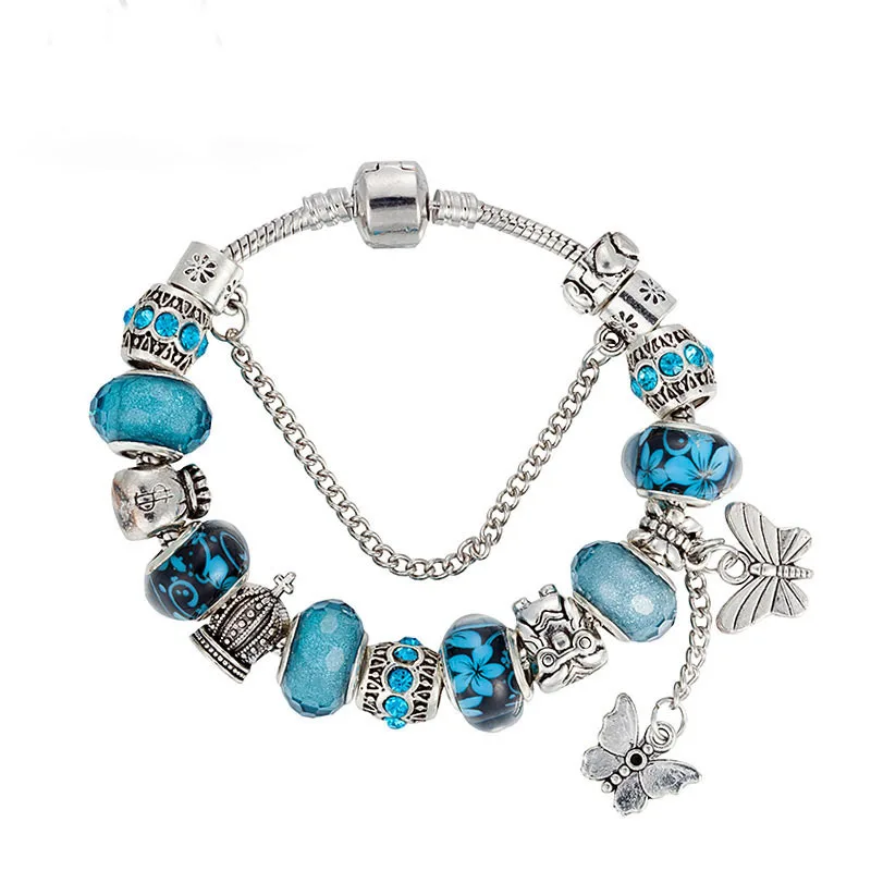 

2020 Summer DIY Jewelry Vintage Silver Crown Blue Glass Beaded Bracelet Butterfly Pendant Charm Bracelet