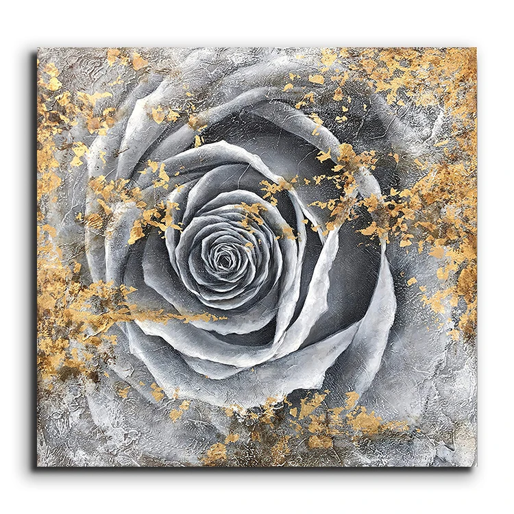 Luxury Gold Foil Grey Rose Oil on Canvas Spray Art-Abstract Floral Wall Decor with Digital Printing for Modern Home Living Room