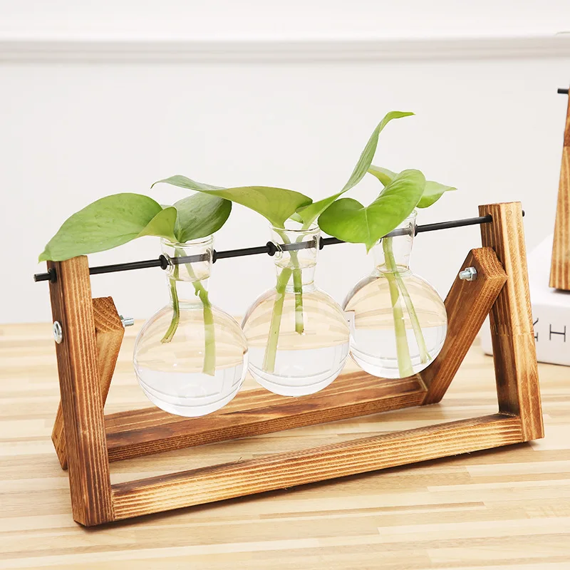 

Terrarium Creative Hydroponic Plant Transparent Vase Wooden Frame vase decoratio Glass Tabletop Plant Bonsai Decor flower vase, Wood
