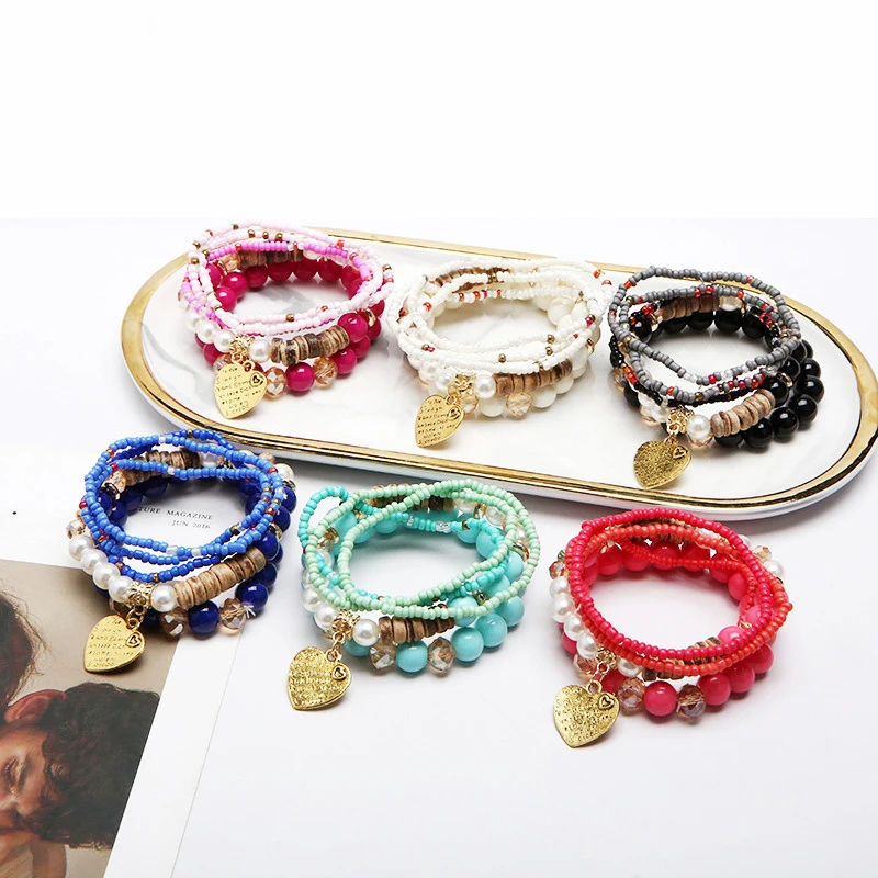 

Boho Vintage Jewelry Bracelets Ethnic Multi Pearl Crystal Beaded Bracelets For Heart Pendant Charm Bracelet Women