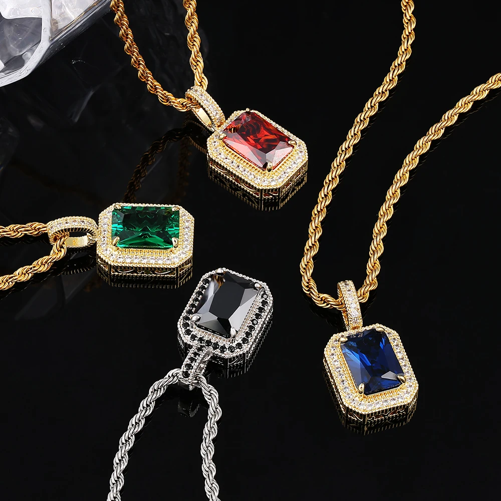 

KRKC Vintage Hexagon Square Shape Pendant 18k Gold Plated Casting CZ Diamond Sapphire Emerald Genuine Natural Gemstone Necklace