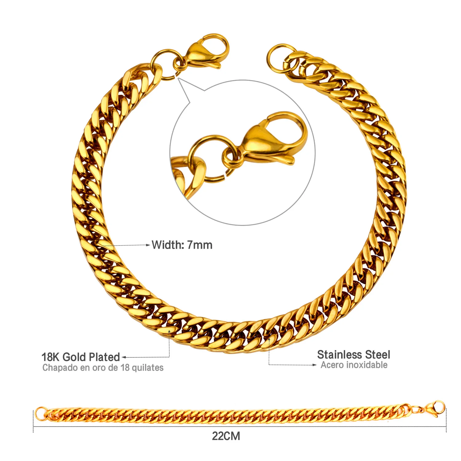 

LIFETIME JEWELRY 24k Gold Plated 7mm Cuban Link Chain Bracelet for Men and Women, Gold/steel