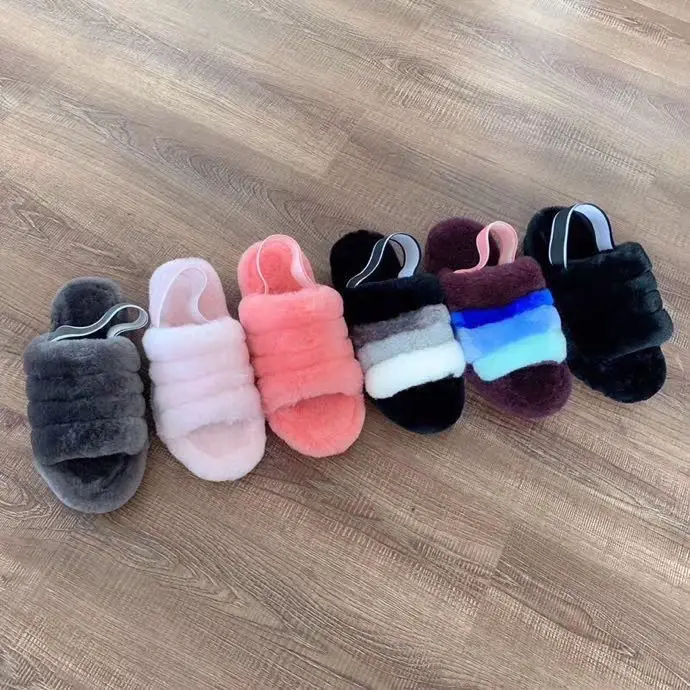

Wholesale fashion colors indoor real sheep Fur Slides for Women, Customized color