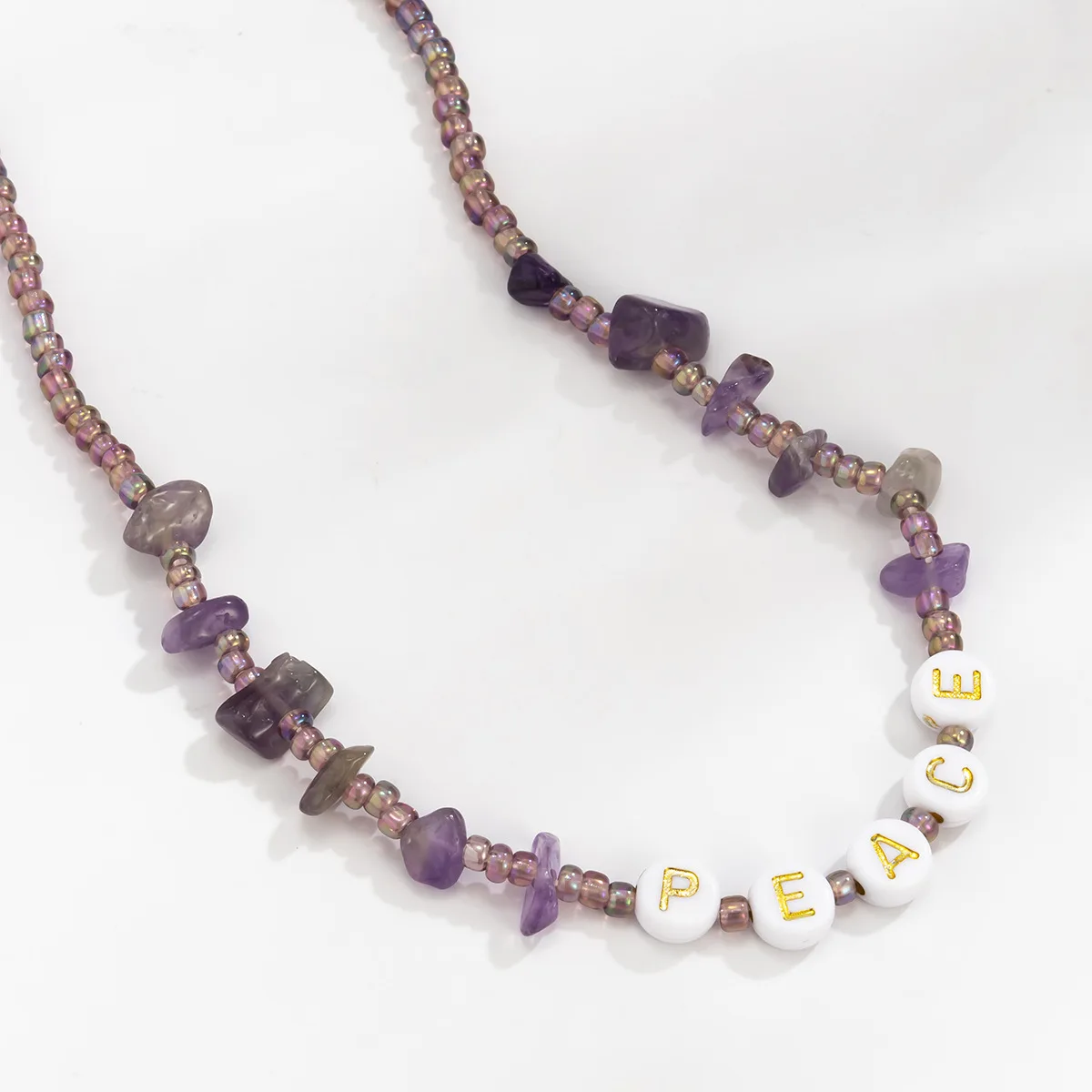 

Boho Ethnic Hand Weaving Rice Beads PEACE Initial Necklace Irregular Gravel Purple Acrylic Beaded Necklace Women