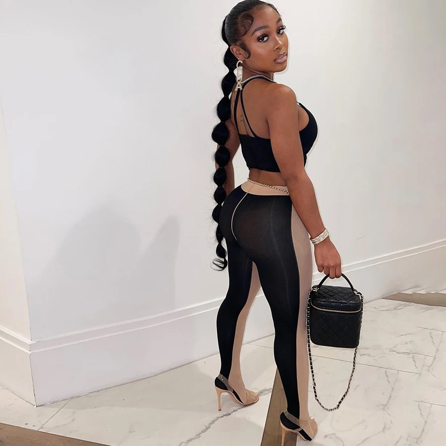 

K21P03600 Women Summer Clothes 2021 Mesh Patchwork Mid Waist Foot Pants Street Workout Active Body-shaping Women Leggings