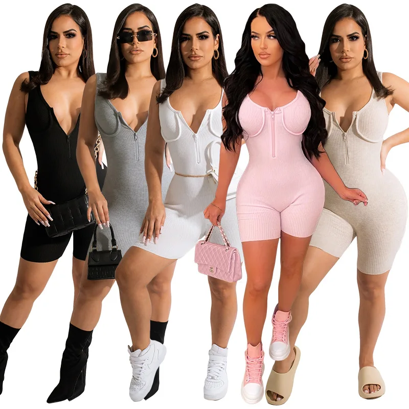 

2022 Summer Solid Color Sleeveless Short Women Rompers Sexy Women Jumpsuit