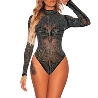 

Women Black Stand Neck Long Sleeve Bodysuit With Crystal