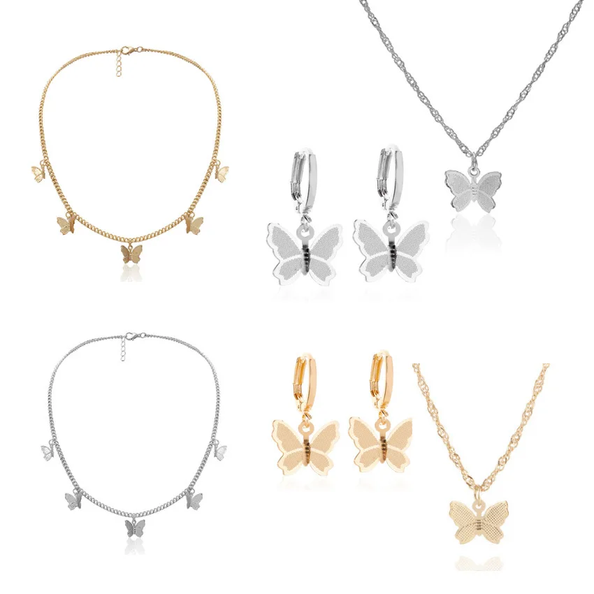 

RTS 2021 Simple Fashion Metal Alloy Gold Silver Butterfly Tassel Pendant Women's Clavicle Girl Pendant Necklace Earrings Set