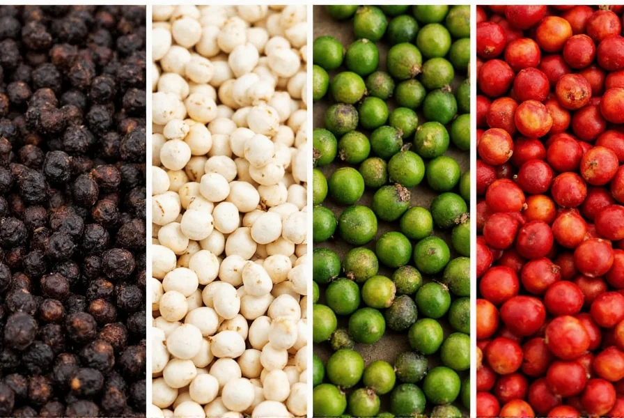 Close-up comparison of black, white, green, and red peppercorns showing color and texture differences