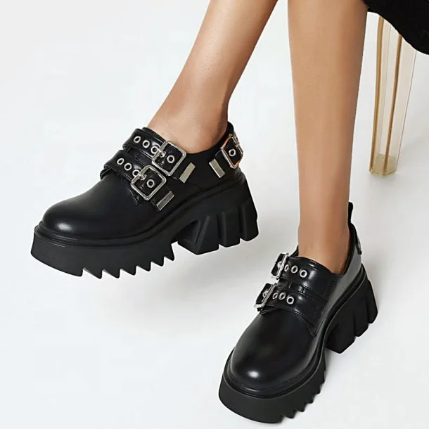 

2021 Retro Style Platform Big Size 43 Buckle Strap Ornament Women Ankle Boots Teens Slip-on Chunky Heel Short Booties For Ladies, Black