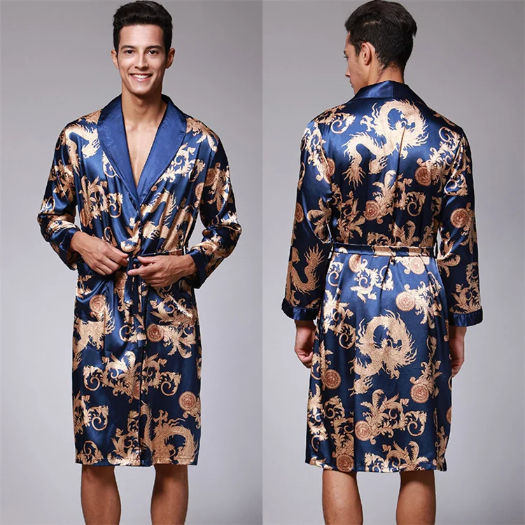 

Mens Satin Robe Silk Long Sleeve Kimono Bathrobe Sleepwear Loungewear, Picture shows