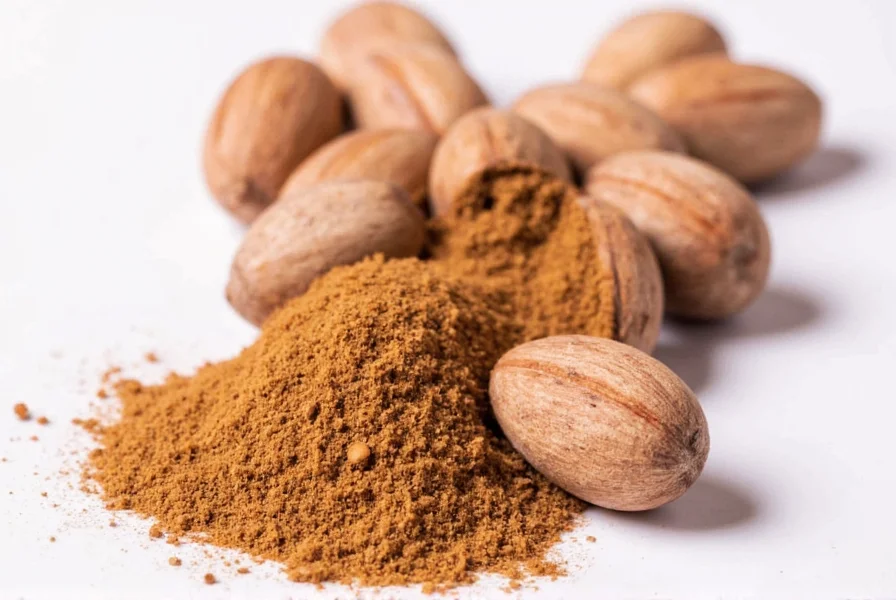 Close-up of freshly grated nutmeg next to whole nutmeg seeds showing texture and color