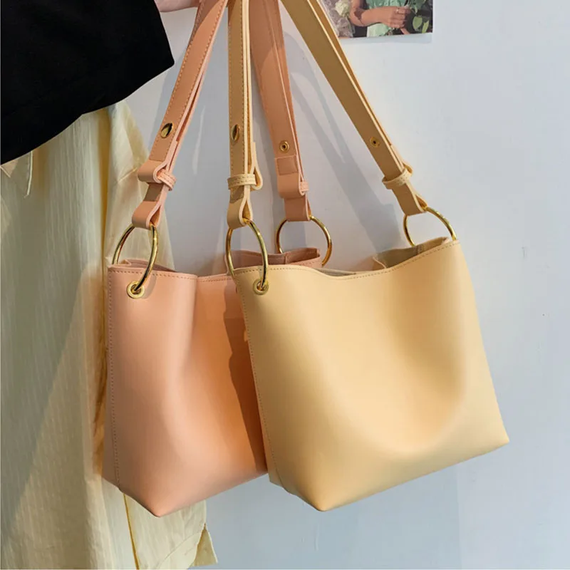 

Hot selling pu leather solid color woman composite handbag ladies purse clutch shoulder bucket bag, 5 colors