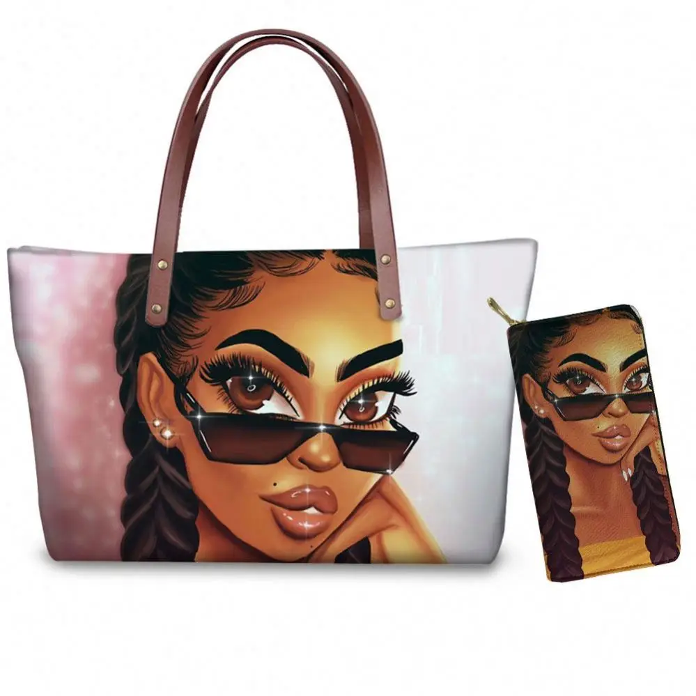 

Handbags Sets for Women Black Art African American Girl Women Afro Printing Top-Handle Purses+Wallet 2pcs/set Shoulder Bag, Accept custom made