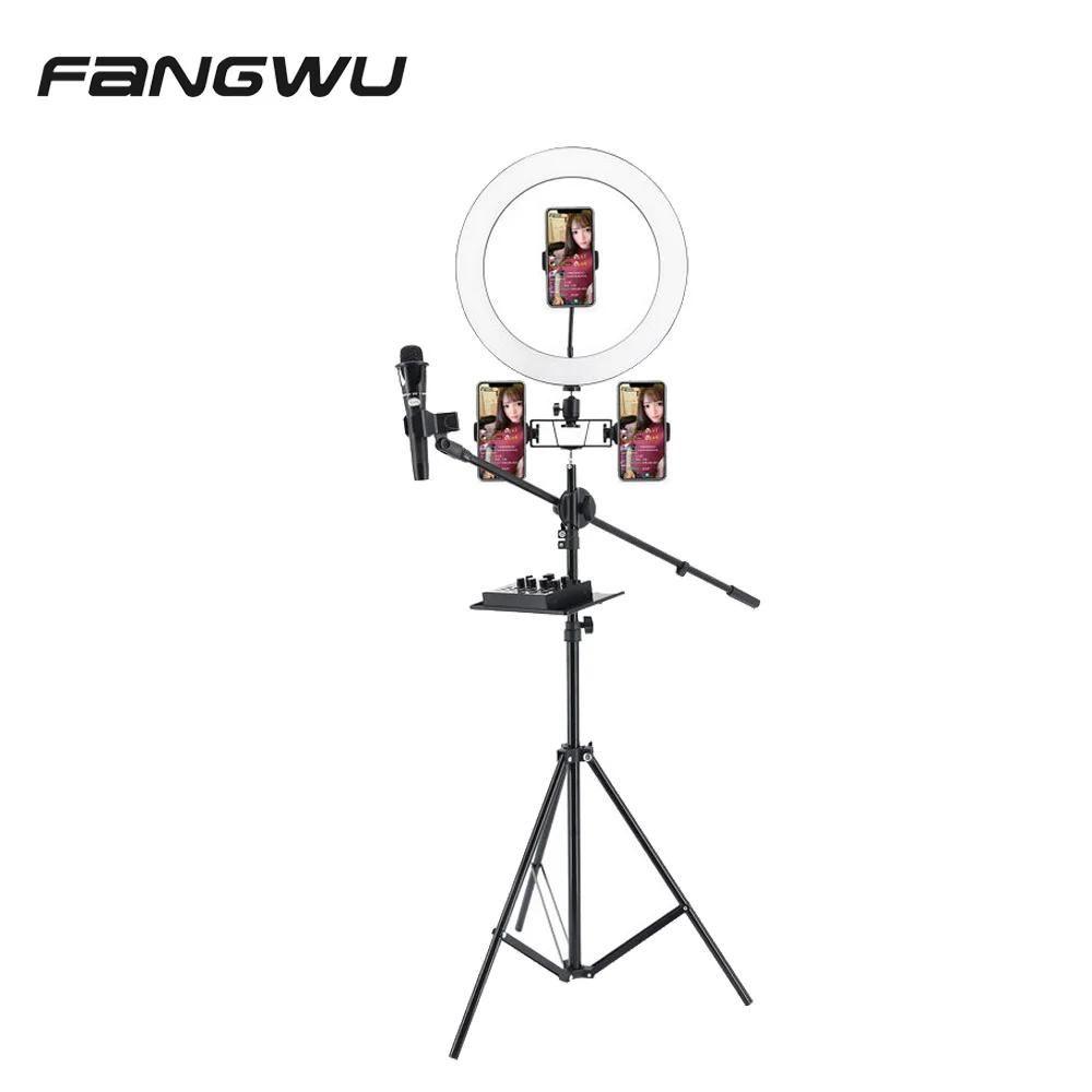 

2.1 M Ring Light Live Broadcasting Tripod Stand With 3 Phone Holder And Mic Holder, Black