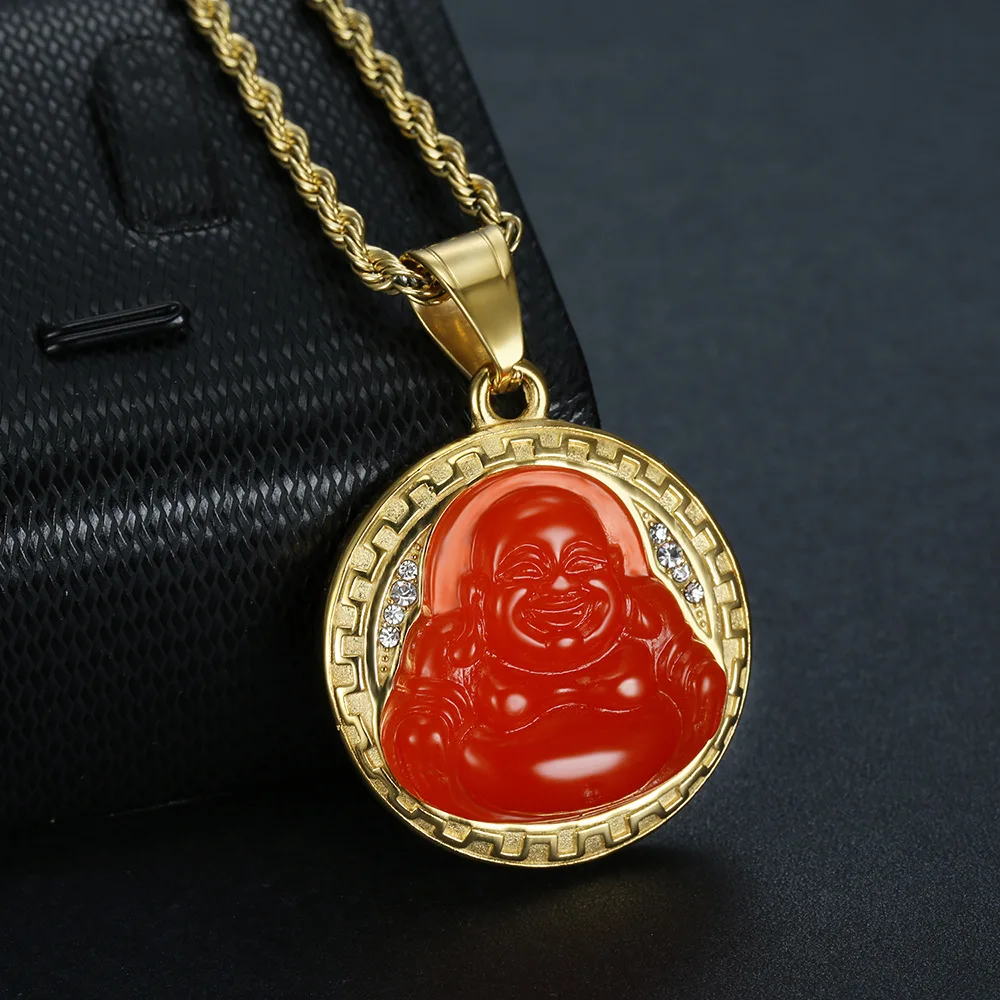 

316L Stainess Steel Gold Plating Colorful Jade Buddha Pendant Necklace Hip Hops Disc Maitreya Buddha Pendant Necklace