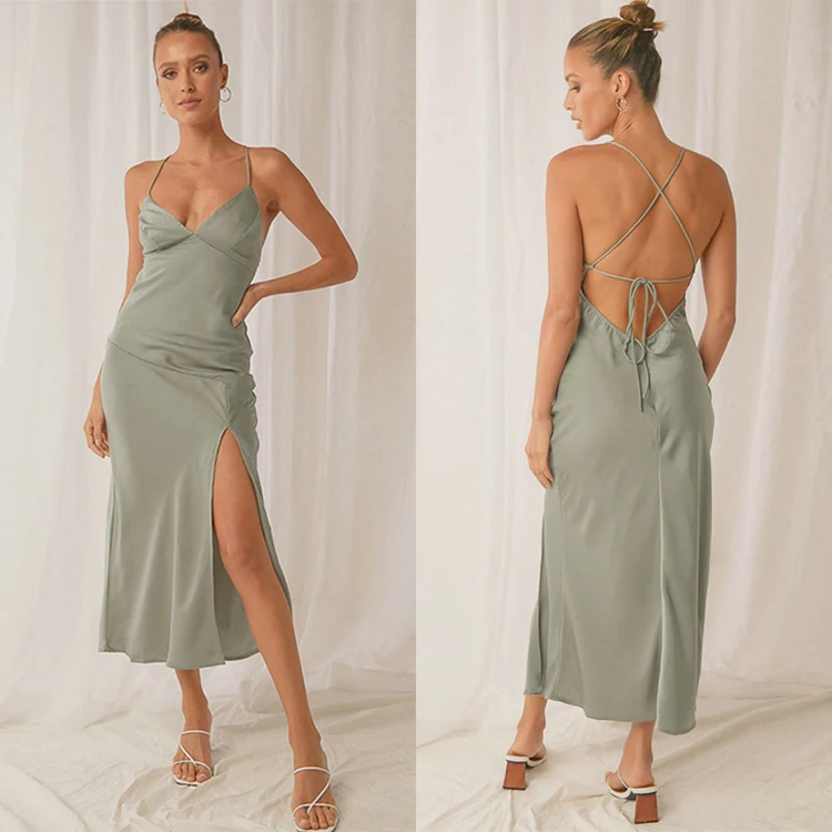 

Top Quality Elegant Women Green Lace Up Backless Maxi Dresses High Waist Slit Slim Stain Sexy Long Casual Dresses