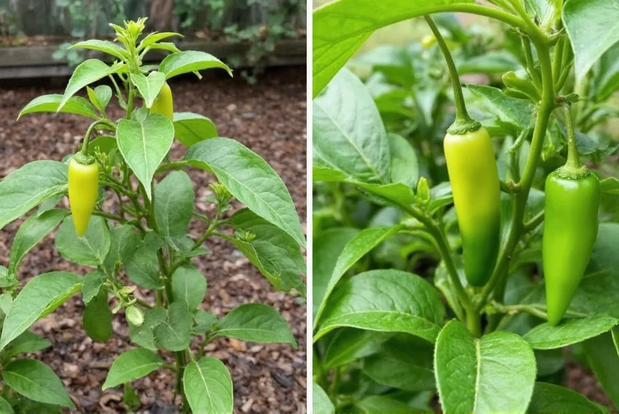 Anaheim pepper plant and jalapeño plant side by side in a garden setting showing height difference and fruit characteristics