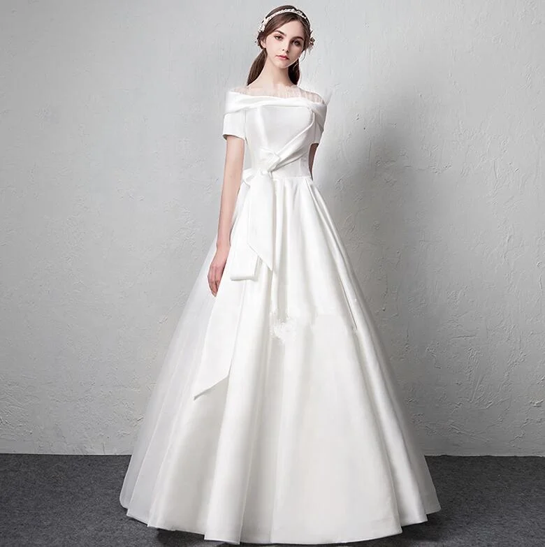 

#10010 Simple Backless Floor Length Satin 2021 Off Shoulder Simple A-Line Vintage Wedding Dress Bride Gown from china