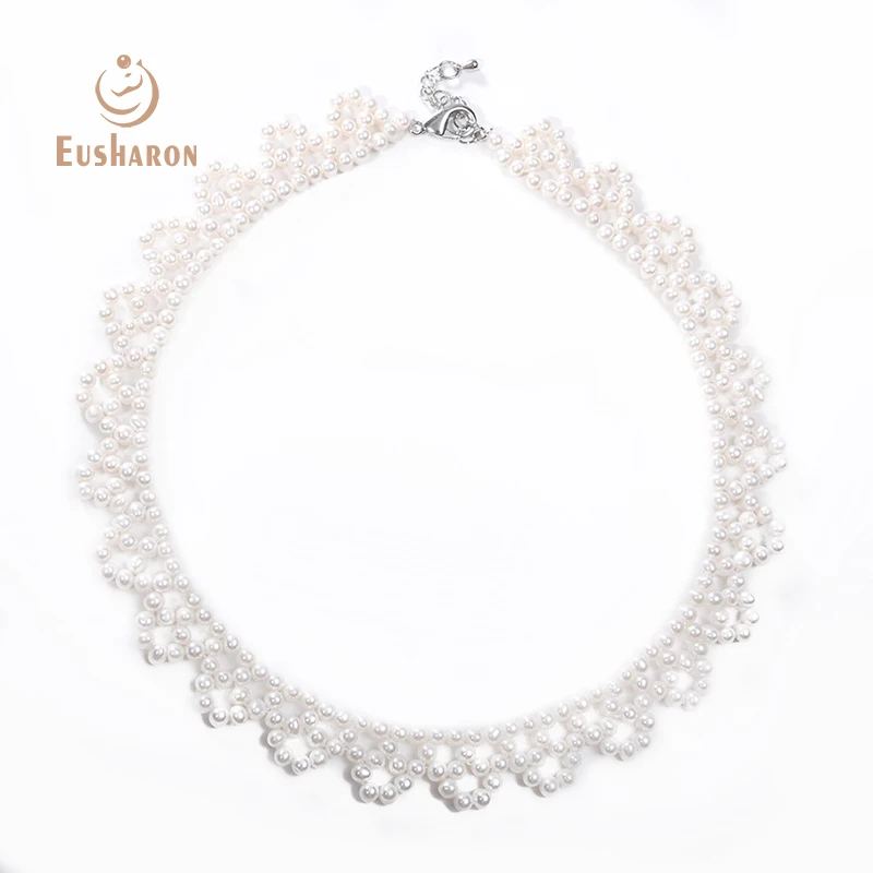 

Sharon Hand Knitting Pearl Jewelry Sterling Silver Real Pearl Choker Natural Freshwater Pearl Necklace