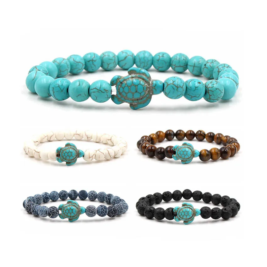 

Mens 8mm Strand Beads Natural Turquoise Stone Bracelets Elastic Turquoise Beads Turtle Bracelet