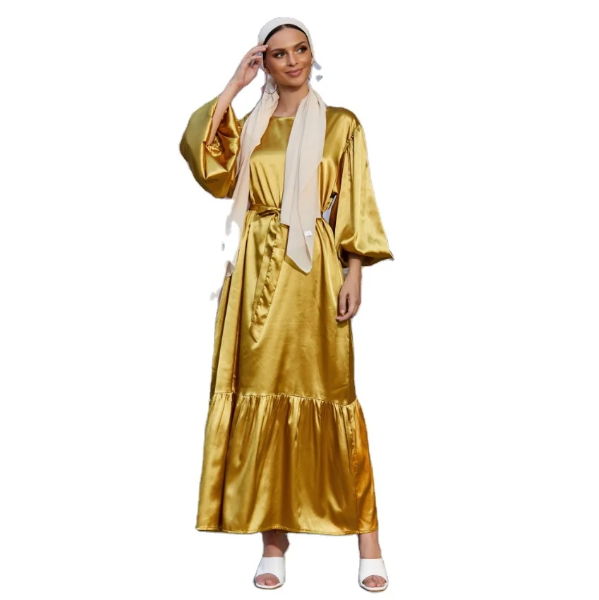 

2021 Summer Lady Satin Maxi Dress Muslim Clothing Party Wholesale Dubai Islamic Satin Clothing Women Muslim Puff Sleeve Dress