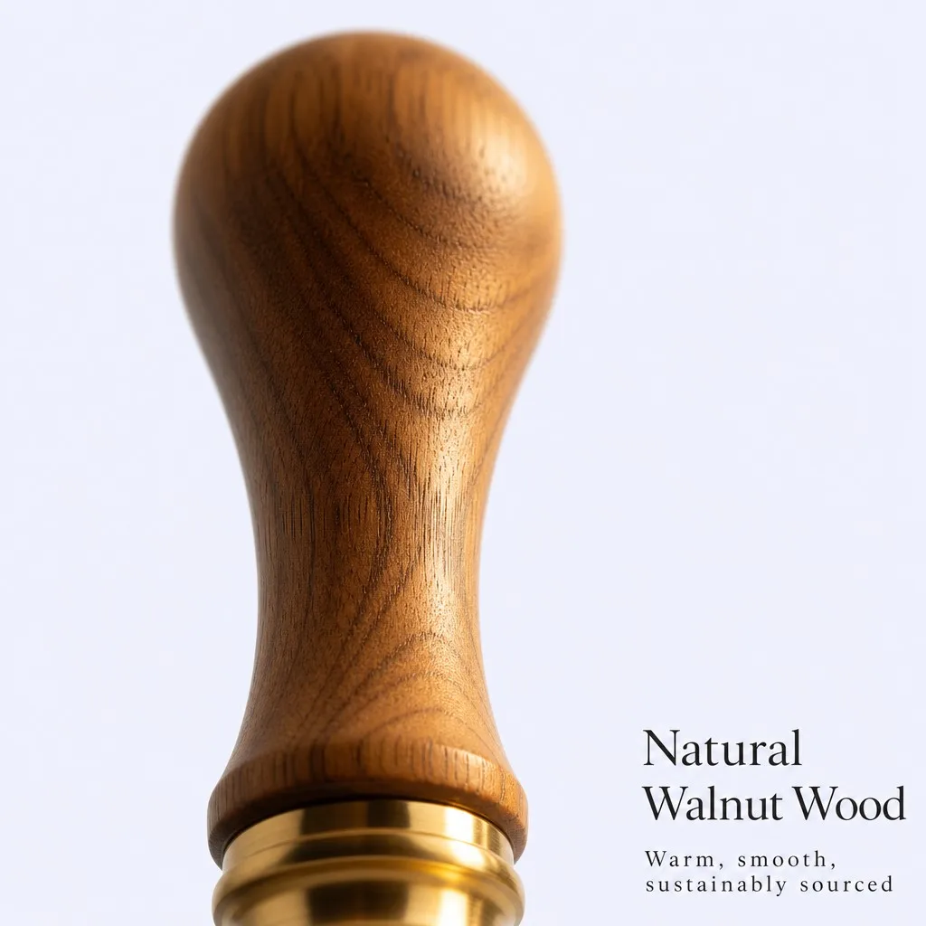 Natural Walnut Wood handle close-up - warm smooth sustainably sourced grain texture with brass collar
