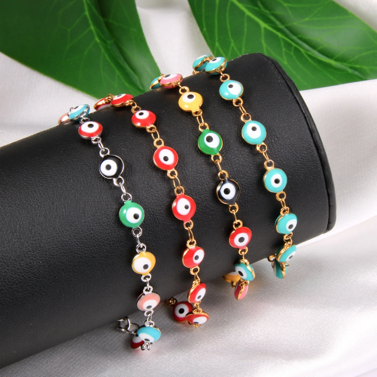 

Hot Selling Low MOQ 304 Stainless Steel 18K Gold Plated Black Evil Eyes Mixed Enamel Color Bracelets, Gold(red,black,dark blue,light blue,colorful)