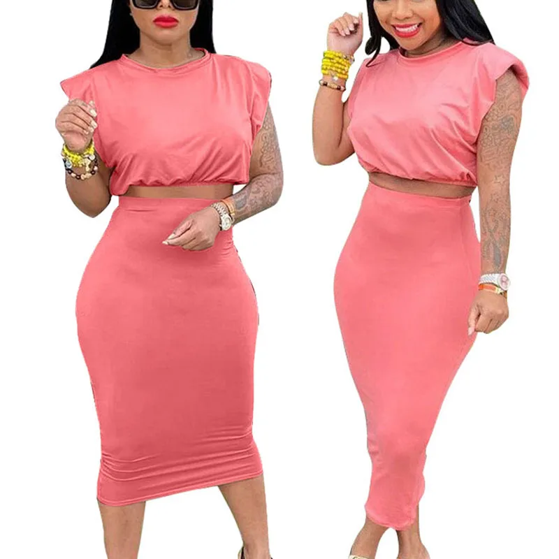 

Wholesale Pure Color Two Piece Sexy Sleeveless Fashion Shoulder Pad T Shirt All Match Casual One Step Skirt Set Women's Clothin, Custom pantone color