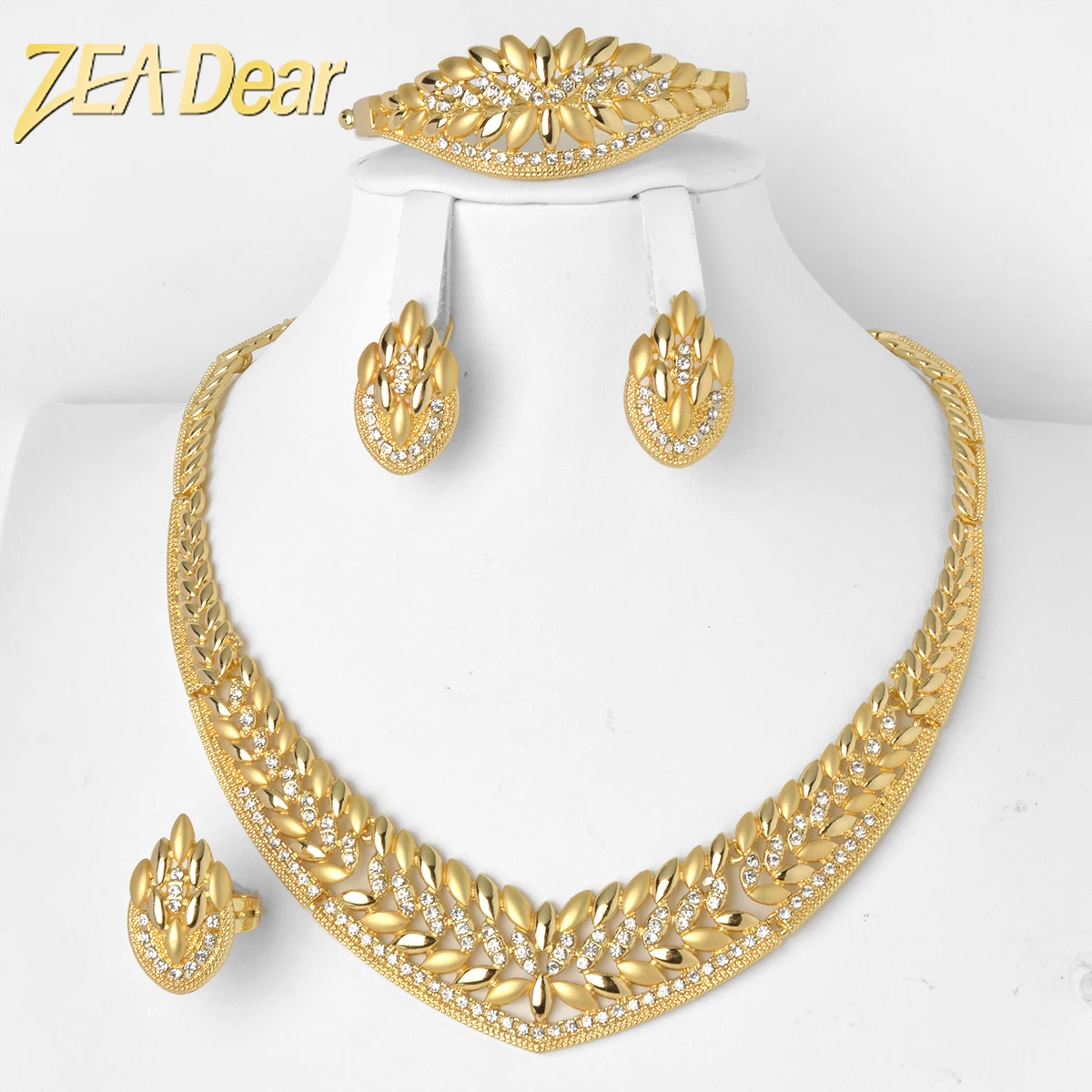 

New Arrival Bridal Jewelry Sets For Women Necklace Earrings Ring Bracelet Cubic Zirconia Geometric Engagement Gift