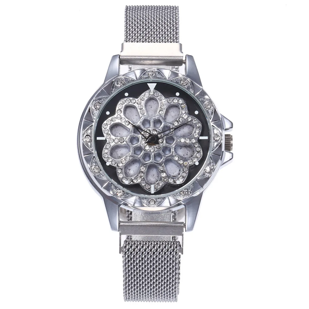 

2020 Top Selling Hollow Out Floral Watch Fashion Rotation Lady Crystal Watch Wholesale Price Accept Small Order Quartz Watch